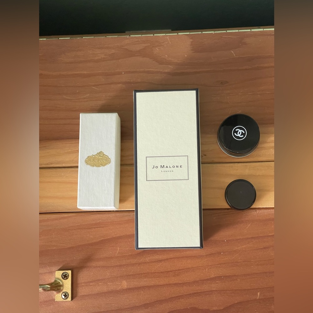 EMPTY: CHANEL Glass Jar 1.5”, GIOVANNI Box 3.75”, JO MALONE 6” Nordstrom Vintage
